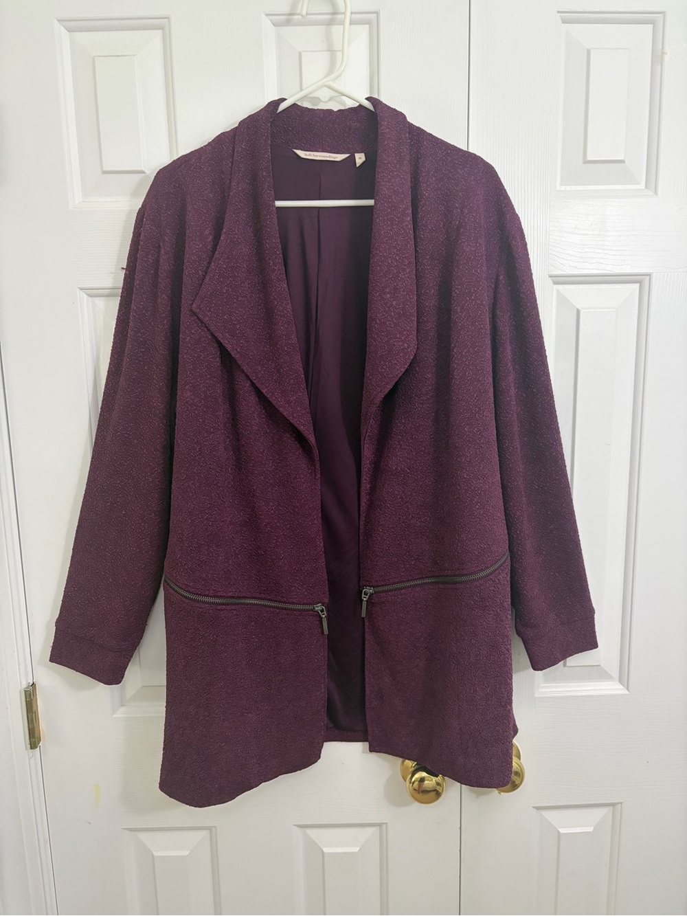 Soft Surroundings Plum Purple Zipper Pocket Open Front Long Line Jacket Coat 1X